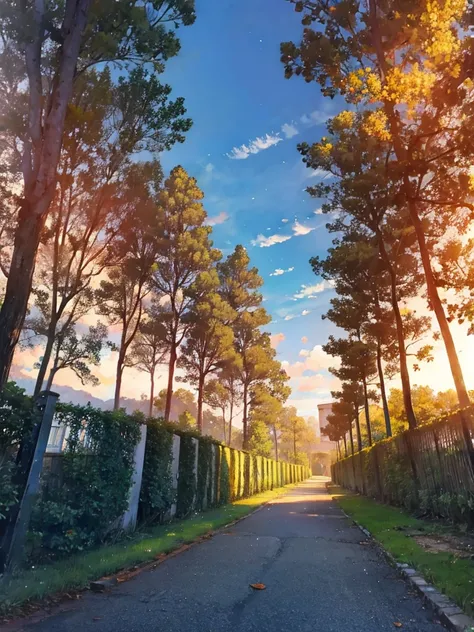 peaceful neighborhood, trees, wind, dramatic lighting