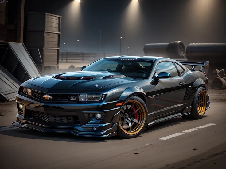 "chevrolet camaro 2ss 2014 in brutal sport tuning body kit and oversized off-road wheels that protrude beyond the wheel arches a...