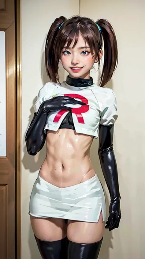 (masterpiece, highest quality, in 8k, very detailed, high resolution, realistic:1.2), (team rocket uniform:1.3), (grin:1.2), (br...