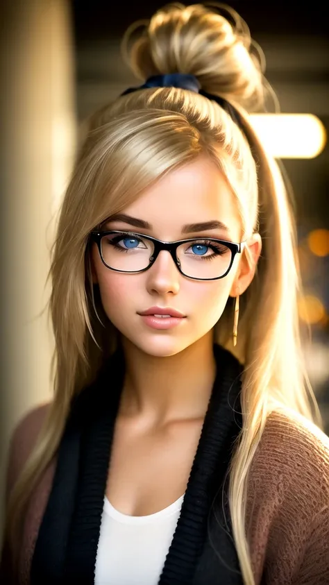 masterpiece,best quality, realistic illustration, style of Philip Lorca diCorcia, girl aged 18yo, 1girl, solo, blond-pink long hair, side ponytail, light blue eyes, black rimmed glasses, athletic body, large bust size, wearing a cardigan, perfect lips, per...