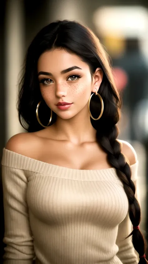 masterpiece,best quality, realistic illustration, style of Philip Lorca diCorcia, girl aged 18yo, 1girl, solo, black long hair, large braid, olive eyes, light freckles, toned body, large breasts, big nipples, dark skin, wearing an off the shoulder sweater,...