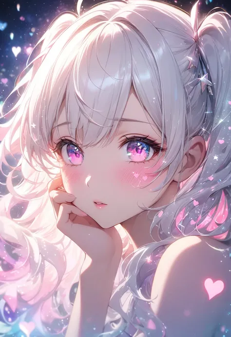 beautiful woman, kissing face, amorous and lewd expression, fliffy two side up messy wavy white hair, make-up, pink hearts effects, star effects, sound note effects, glitter effects, pastel color effects, foggy filter effects, beautiful effects, 2.5D, deli...