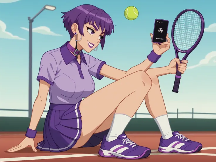 score_8_up, score_7_up, break, screencap, 1girl, solo, purple hair, female, teenage, short hair, purple eyes, purple eyelids, pu...