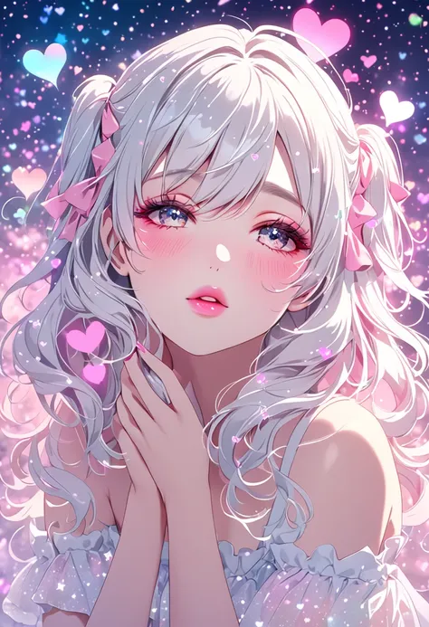 beautiful woman, kissing face, amorous and lewd expression, fliffy two side up messy wavy white hair, make-up, pink hearts effects, star effects, sound note effects, glitter effects, pastel color effects, foggy filter effects, beautiful effects, 2.5D, deli...