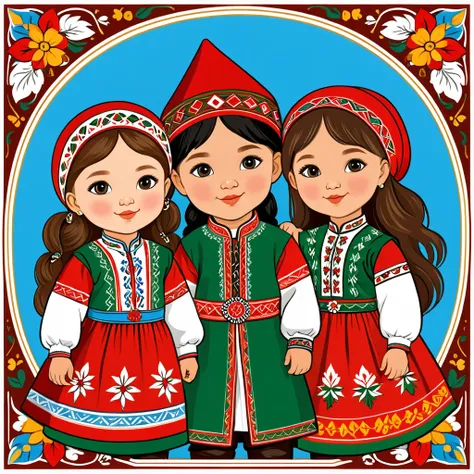 children in bashkir folk outfit, vector graphics, strong contours