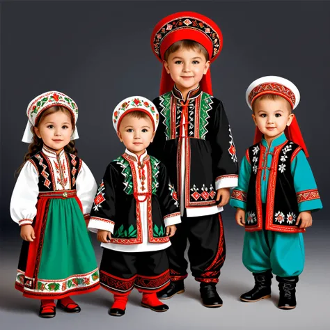 children in bashkir folk outfit, vector graphics, strong contours
