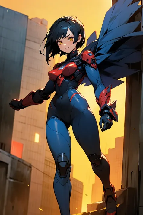 1female, black hair, yellow eyes, smiling expression, short spiked hair, red core, red white and blue super suit, city background, detailed background, detailed face, standing, walking on path, hands to side