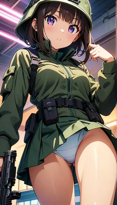 (anime artwork, anime style, studio anime, very detailed, up to date, vibrant, Anime Coloring, high contrast, masterpiece:1.2, best quality, best aesthetics),camouflage clothing,camouflage  helmet, pleated skirt, Medium chest, A glimpse of thighs,random ha...