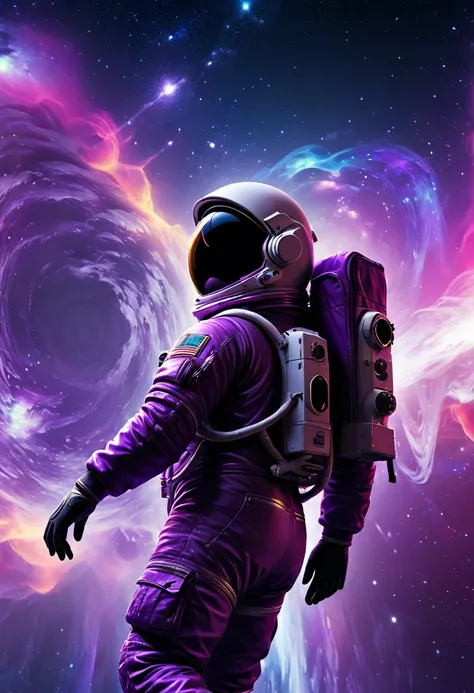 neon astronaut, astronaut in a purple galaxy, astronaut with a jacket in a purple galaxy, astronaut with jacket floating, astron...