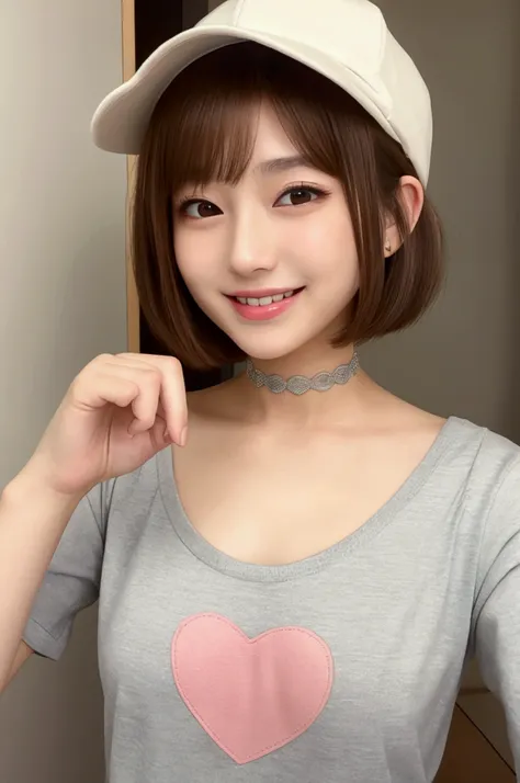 high quality, beautiful, FHD, , happy, cheerful, smiling, wink, making a heart with fingers, looking back, bob, blunt cut, shiny hair, brown hair, brown eyes, fair skin, , slim, beautiful breasts, t-shirt, cap, choker, delicate facial features, japanese id...