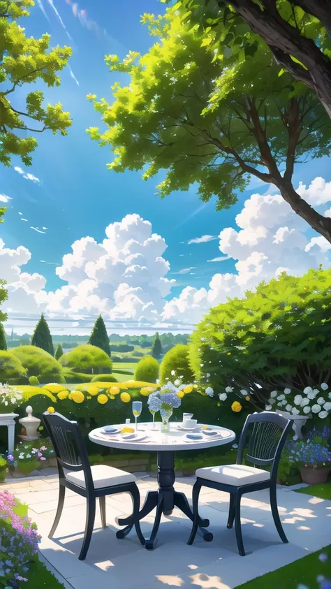 in the garden，There is a dining table.，There was a lot of food up there.，blue sky and white clouds，