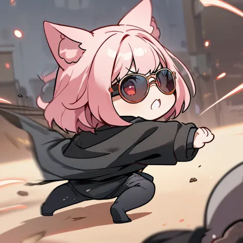 Top quality, masterpiece, chibi character, pink hair, animal ear girl, red eyes, sunglasses, black coat, black jeans, back arching action, avoiding bullets