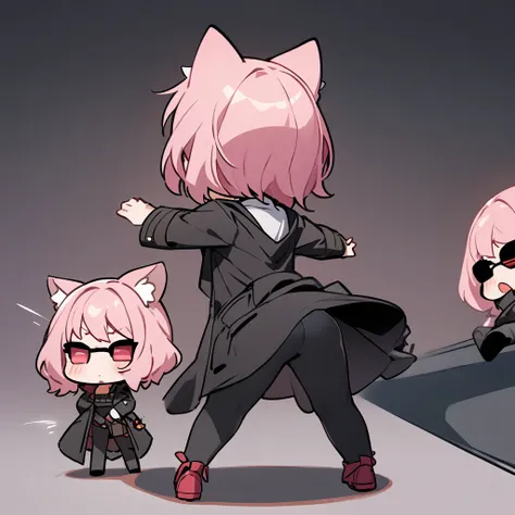 Top quality, masterpiece, chibi character, pink hair, animal ear girl, red eyes, sunglasses, black coat, black jeans, back arching action, avoiding bullets