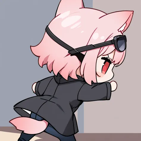 Top quality, masterpiece, chibi character, pink hair, animal ear girl, red eyes, sunglasses, black coat, black jeans, back arching action, avoiding bullets