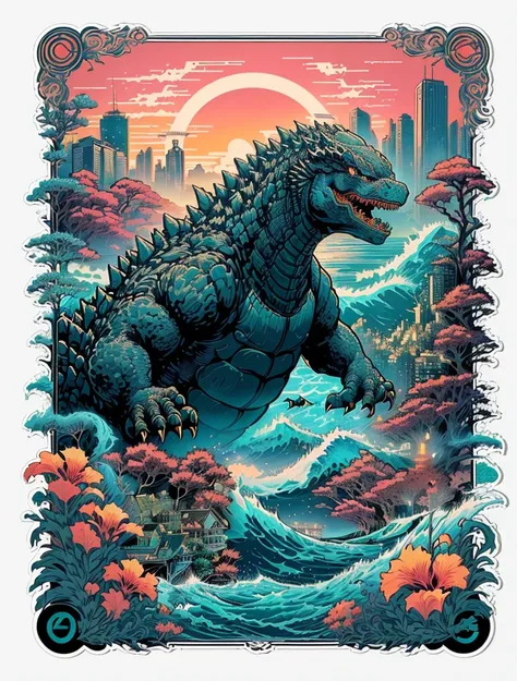 godzilla rising over the ocean with a city in the background, studio ghibli and dan mumford, in the style dan mumford artwork, i...