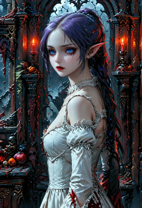 arafed a picture of elf vampire in her castle. an exquisite beautiful female elf vampire (ultra details, masterpiece, best quali...