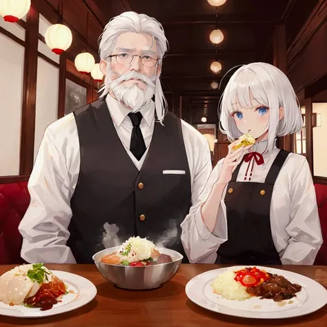 middle-aged white-haired man、Short white beard、Center Parting、Eat food at a restaurant、meal
