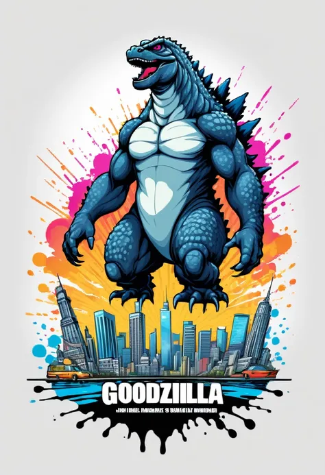 (((white background))), (((SPLASH ART))) intricately detailed t-shirt design ready for print , 2d, ONE HUGE black angry full body Godzilla in foreground City sunset at the background, vibe detailed design for streetwear and urban style t-shirts design, pro...