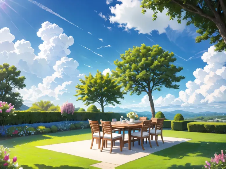 in the garden，There is a dining table.，There was a lot of food up there.，blue sky and white clouds