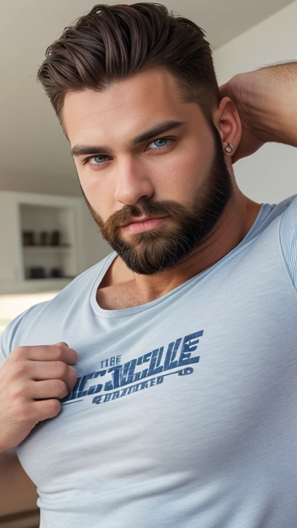 (the best quality,8k,realisitic),handsome man,Thick beard,mascle,blue colored eyes,brownhair,good muscles,fully body,in shirt