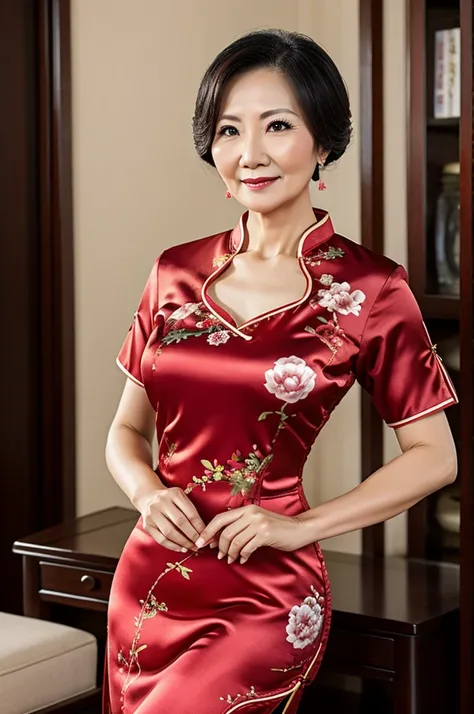 Beautiful mature woman in silk qipao