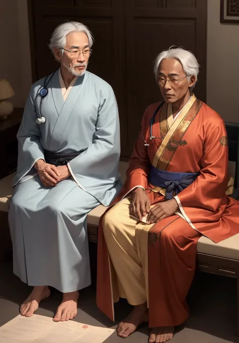 anime 2d, anime, "In a modest room, Doctor Mo, a 60-year-old male, gray hair, wearing Chinese robes, and Han Li, a 14-year-old male, wearing Chinese robes, black hair and brown eyes, are sitting, but maintaining a certain away. Doctor Mo praises Han Li, bu...