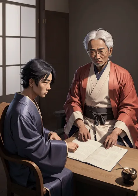 anime 2d, anime, "In a modest room, Doctor Mo, a 60-year-old male, gray hair, wearing Chinese robes, and Han Li, a 14-year-old male, wearing Chinese robes, black hair and brown eyes, are sitting, but maintaining a certain away. Doctor Mo praises Han Li, bu...