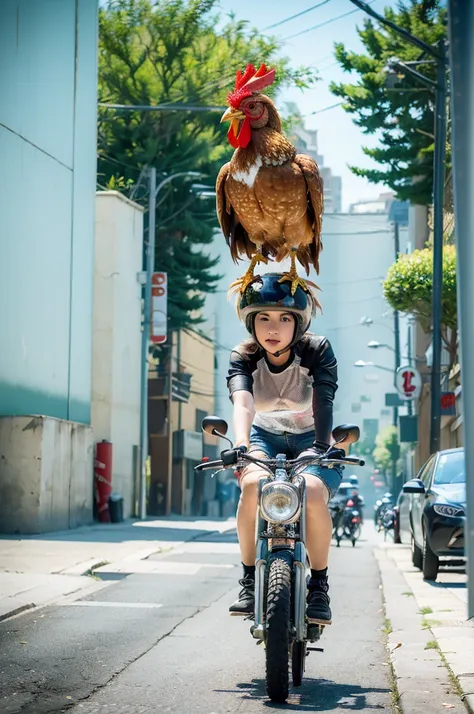 a chicken riding a bicycle, gang of chickens on bicycles, chickens in biker gang outfits, chickens with motorcycle helmets, deta...