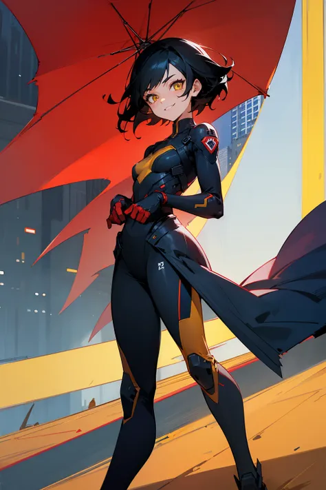 1female, black hair, yellow eyes, smiling expression, short spiked hair, red core, red white and blue super suit, city background, detailed background, detailed face, standing, walking on path, hands to side