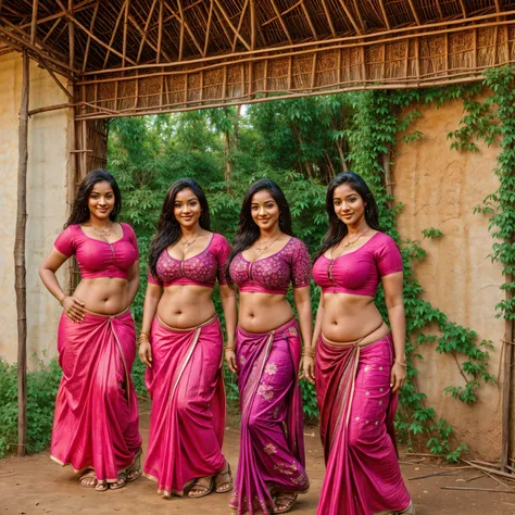 3girls, realistic photograph of three young rustic tamil village belle dressed in an ((unhooked blouse and indian skirt)) standi...