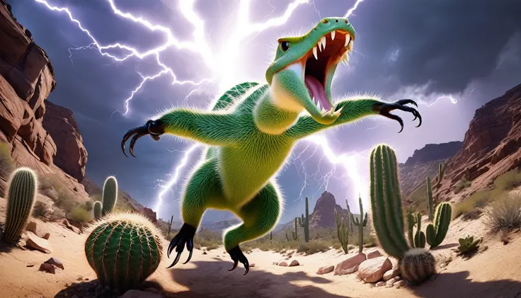 Realistic photos, RAW Photos, cactus tender, attacks viewer, Powerful movements, jump on prey, ((Dynamic jump)), Sharp Claws, cactus tender approaching from above, sudden approach, Bad-tempered, dynamic Shot from grand, lightning magic