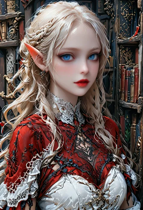 arafed a picture of elf vampire in her castle. an exquisite beautiful female elf vampire (ultra details, Masterpiece, best quality), bloody mouth blond hair, pale skin, hair in a ponytail, long hair, blue eyes, small pointed ears, cold eyes, smirking, wear...