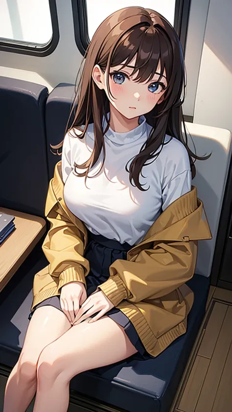 masterpiece, highest quality, High resolution，Anime Style、Brown Hair、long、Put on a cardigan、Sit on the train