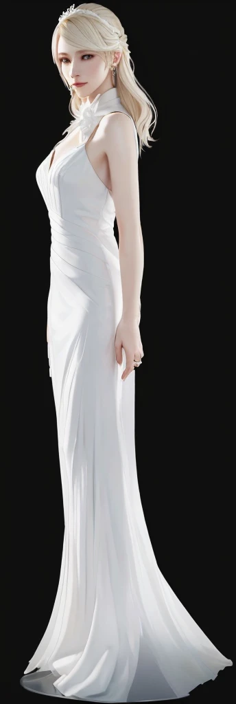 a close up of a woman in a white dress posing for a picture, elegant lady with alabaster skin, porcelain holly herndon statue, full body close-up shot, white gown, on a mannequin. high resolution, sculpture of cate blanchett, anorexic figure, white polygon...