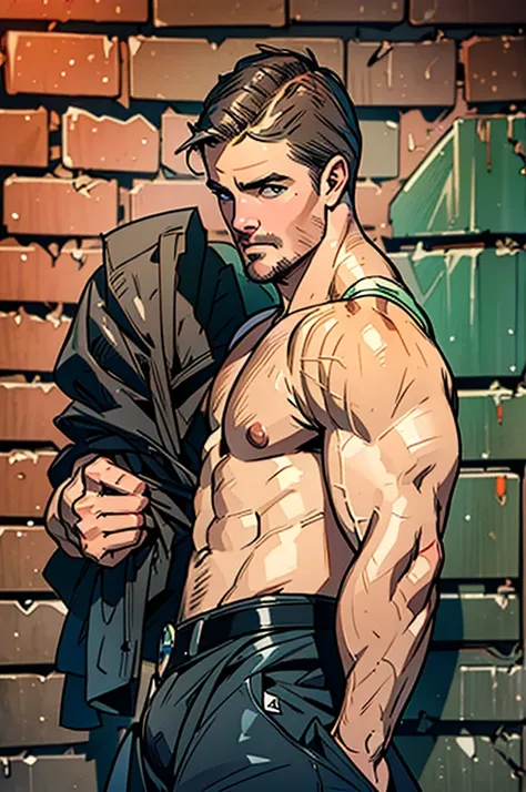 32k, high quality , detailed face , detailed hands , detailed muscles detailed motorcycle , 40 years old (((stephen amell))) standing near his (((motorcycle))), posing in a street ,(((shirtless))) standing with spread legs, showing his muscles, shirtless w...