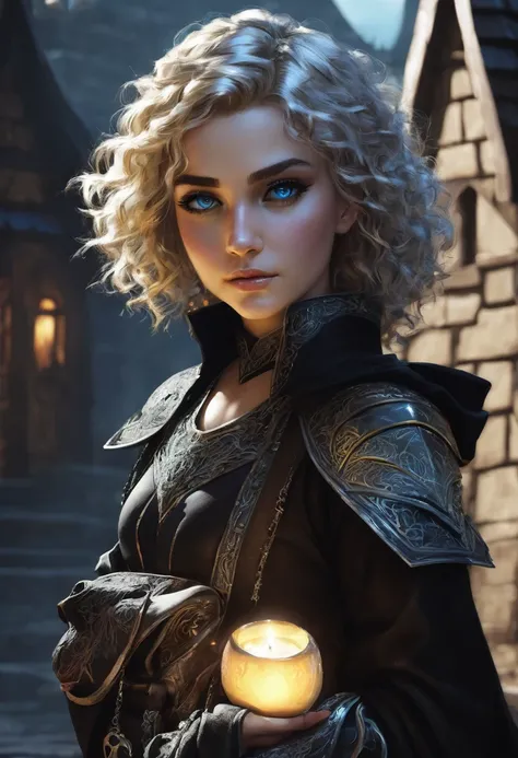 Necromancer Ranger Female, short curly hair blonde with highlights, medieval times, blue-grey eyes ,dark background. black colored clothes, little daughter