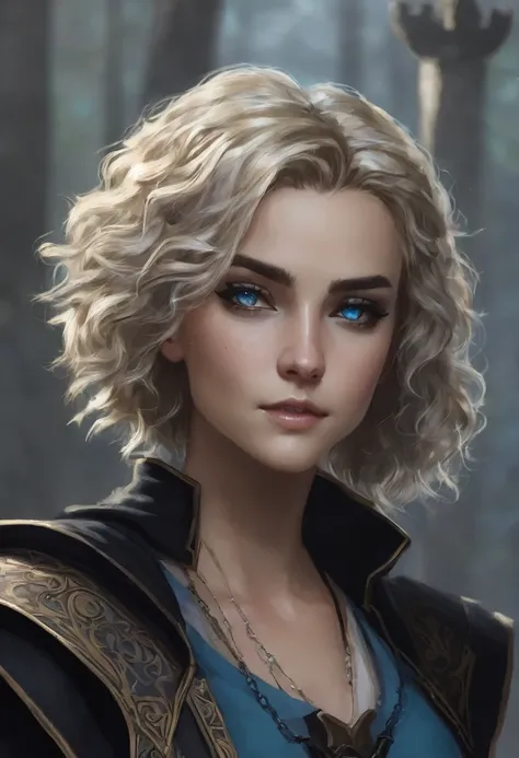 Necromancer Ranger Female, short curly hair blonde with highlights, medieval times, blue-grey eyes ,dark background. black colored clothes, little daughter