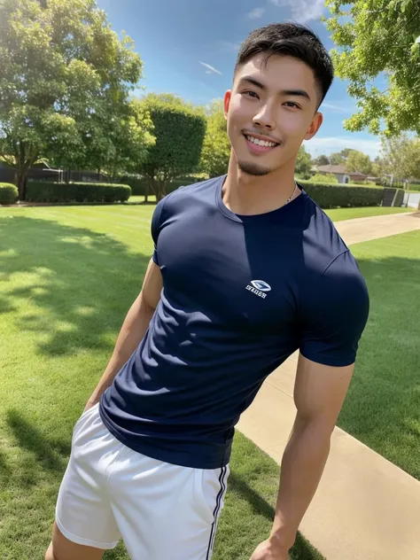 Tony Labrusca, (As a matter of fact, Masterpiece, 8k HD, good light quality, sportswear, fit the face, complicated details), A handsome, muscular young Korean man. , 20 years old, be happy, smile brightly, detailed face, delicate eyes, มองดูsky, Wear a nav...