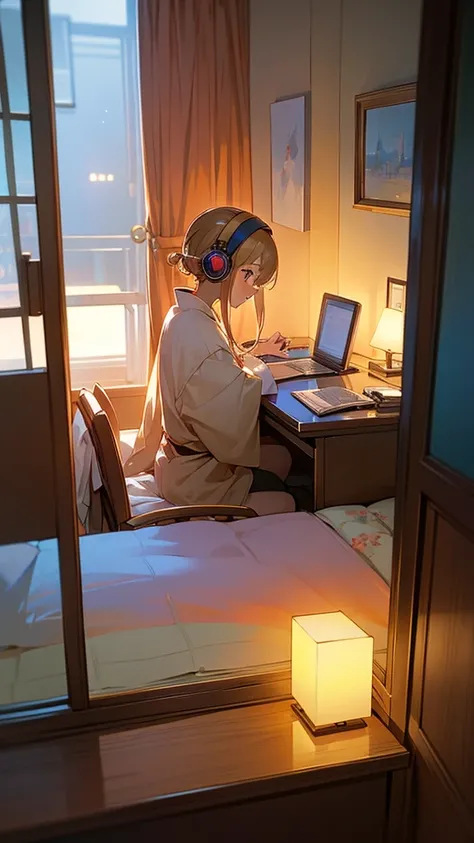 Beautiful girl studying in her room while listening to music with headphones、Warm lighting、Outside the room, Japanese anime style