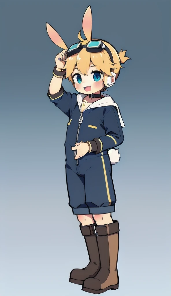 2D Boy Shota，One-piece suit，Slim, healthy body，Put the headphones on your head，stand up，goggles，Rabbit ears，happy，Sailor collar，tie，Zipper pulled down，boots