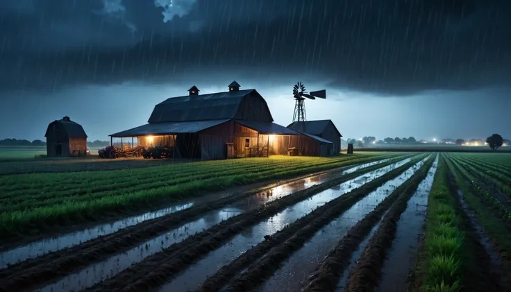 Scary horror image of a big farm at night, rain image, PICTURE REALISTIC, high resolution, 8k 