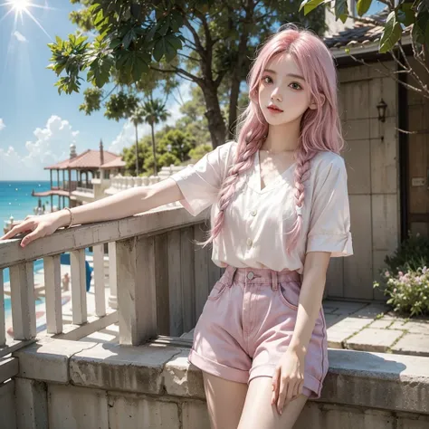 Light pink hair, Pink Eyes, White blouse and shorts, blue sky, Vibrant colors, blouse white、splash, Light Racing, Wavy long hair、splash、Light of the sun、Braiding