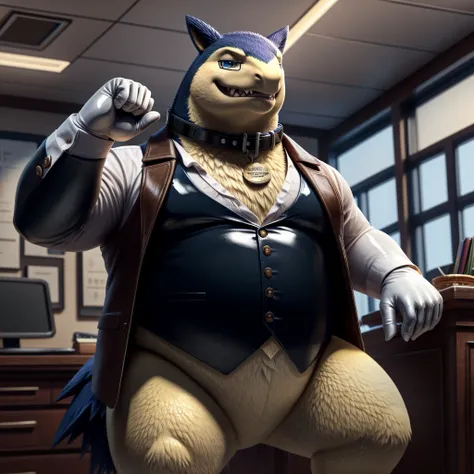 Solo, Male, fat, extremely obese, gentleman, dapper Professor Typhlosion, mob boss, blue eyes, (posing:1.3), (soft shading), 4k, hi res, ((detailed face, detailed)), looking at viewer, mouth wide open, dapper clothing, collared shirt with buttons, bowler h...