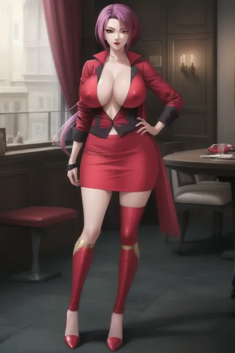 ((Highest quality)), ((masterpiece)), (Familiar), Hazy, Female,Mature Woman,Purple Hair, short hair, Low Ponytail, eye shadow, lipstick, Red eyes,Red suit shirt,Large Breasts,Erect nipples,I can see her cleavage,Red and black jacket, White tight skirt,Red ...