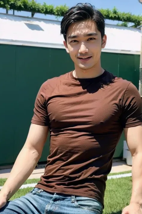 ((realistic daylight)) , Young Korean man in a simple brown t-shirt only, no pattern, denim shirt, and jeans., A handsome, muscular young Asian man looks at the camera.  , in the football field ,turn sideways