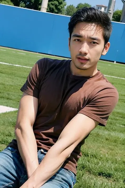 ((realistic daylight)) , Young Korean man in a simple brown t-shirt only, no pattern, denim shirt, and jeans., A handsome, muscular young Asian man looks at the camera.  , in the football field ,turn sideways