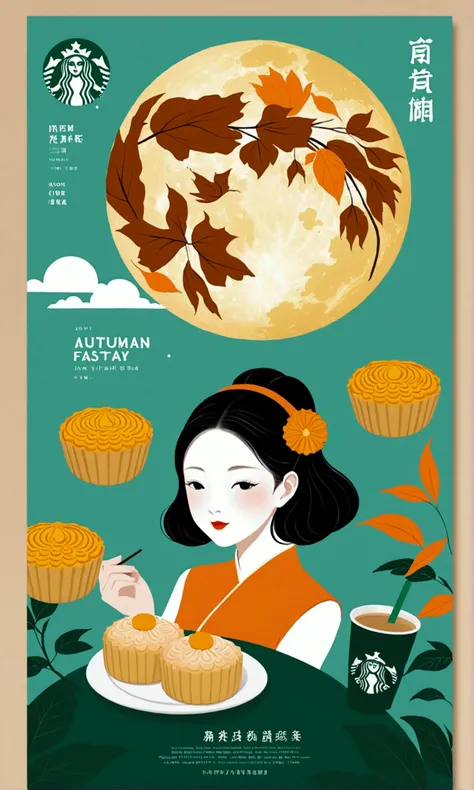 Mid-Autumn Festival poster design，girl，Cyan and Green，Starbucks mooncakes，moon，orange color，Fresh，romantic，Simplicity，Modern design