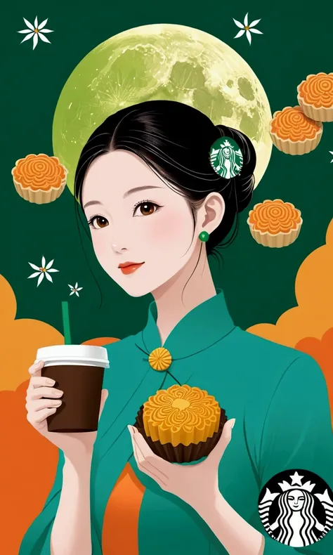 mid-autumn festival poster design，girl，cyan and green，starbucks mooncakes，moon，orange color，fresh，romantic，simplicity，modern des...