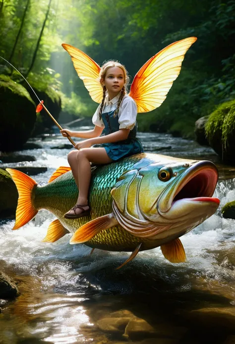 A girl with wings rides a big fish in a stream