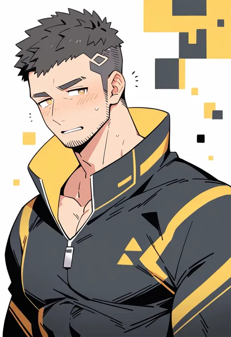 anime characters：gyee priapus, muscle sports student, buzz cut, manliness, male focus, compression bodysuit, yellow  black high ...